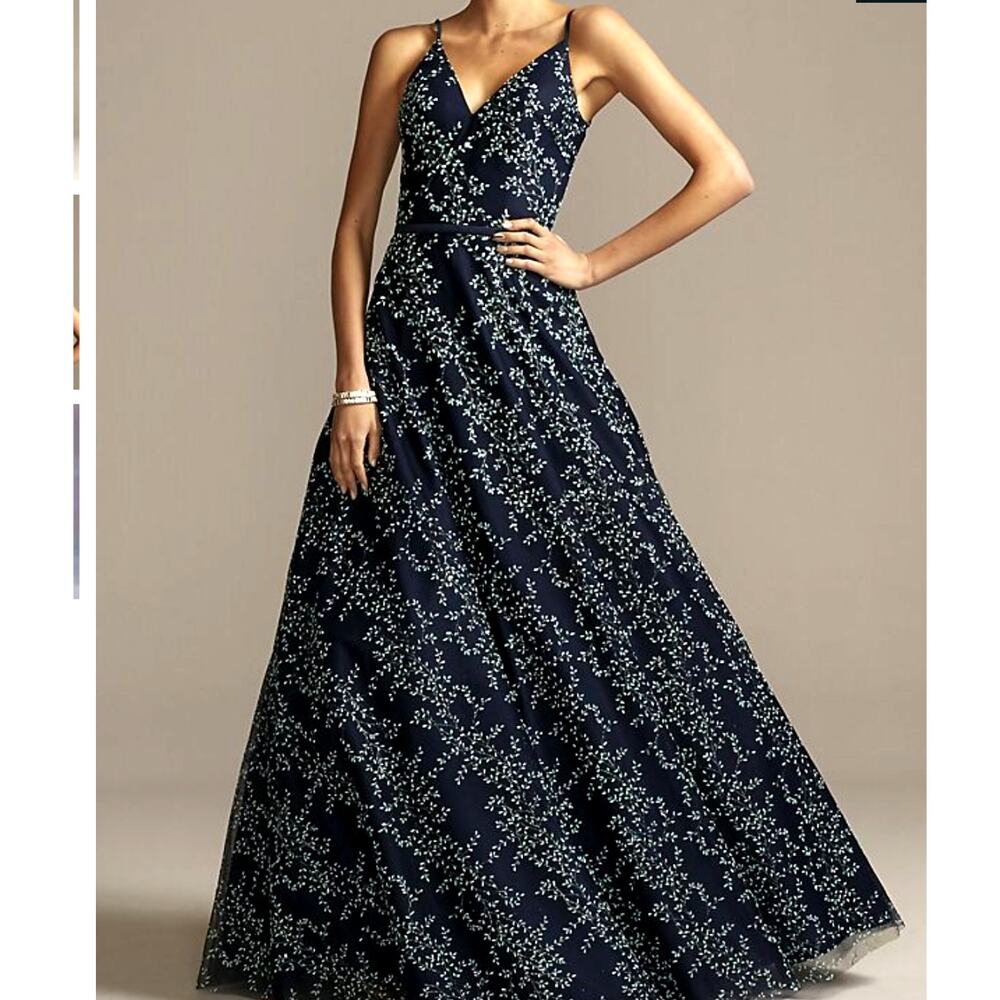 Terani Couture Glamour Deep-V Back Gown w/ Beading | sz 0 | Navy Teal | NEW! - Picture 1 of 10